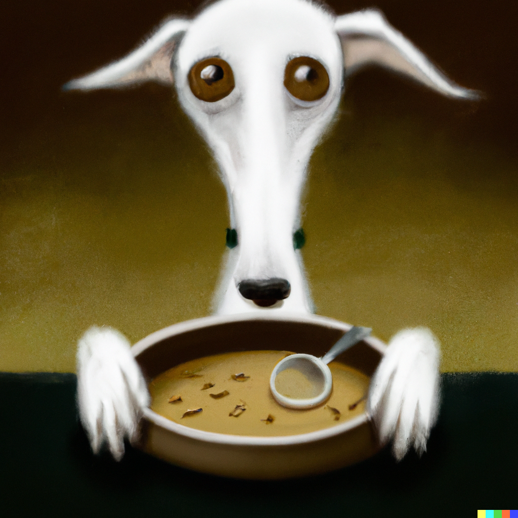 Cane con ghigno Che guarda la ciotola del cibo. Senza mangiare, digital art.