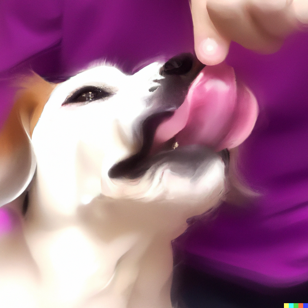 cane che da una leccata al suo proprietario, digital art con predominanza di viola