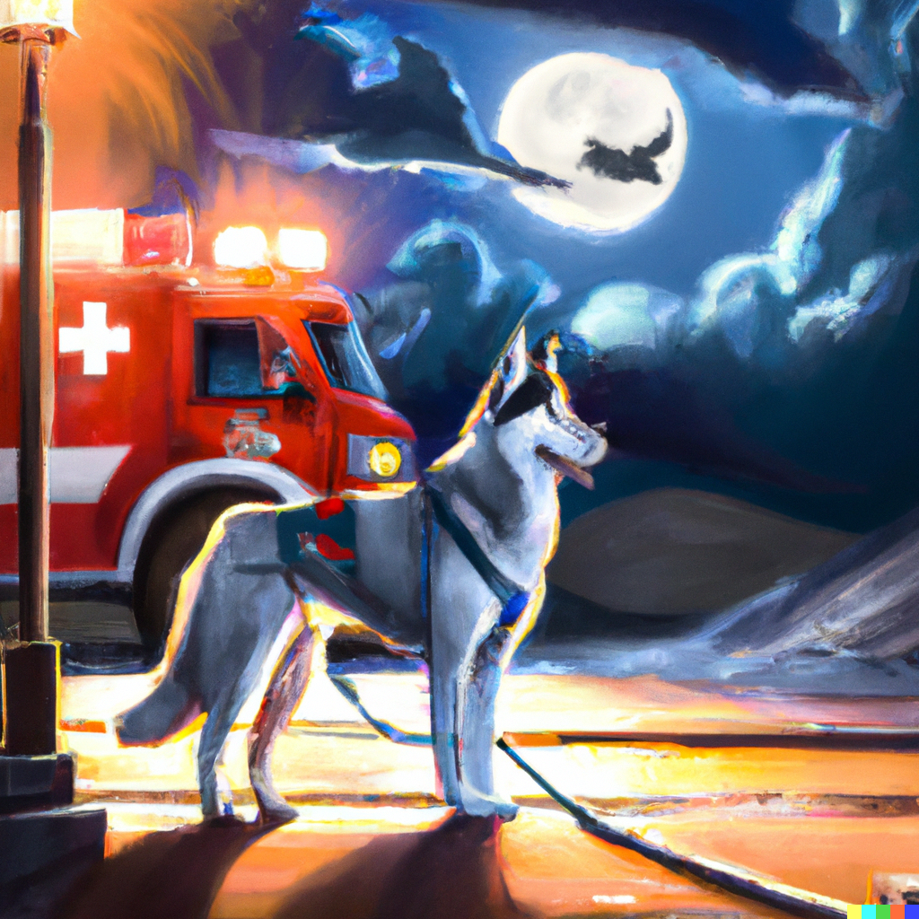 cane siberian husky che ulula alla luna con un'ambulanza che si vede in fondo, digital art